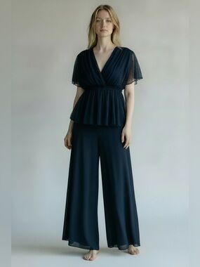 Anthropologie deep v plunging neckline baby‎ doll blue blouse polkadot small